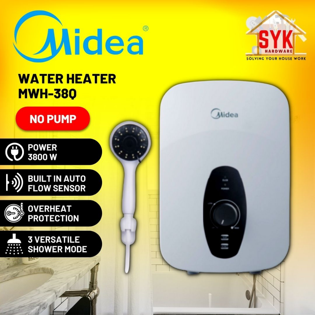 SYK Midea Water Heater Non Pump MWH-38Q Shower Water Heater Media Water Heater Mandi Air Panas Shower Mesin Air Panas