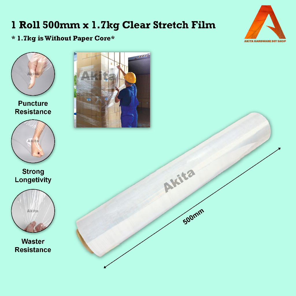1 Roll 500mm x 1.7kg Clear Stretch Film / Wrapping Plastic Wrap Roll