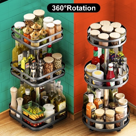 2/3 Tier 360° Rotating Spice Rack Rotatable Kitchen Rak Rempah Seasoning Condiments Storage Organizer Rack 旋转调料架置物架