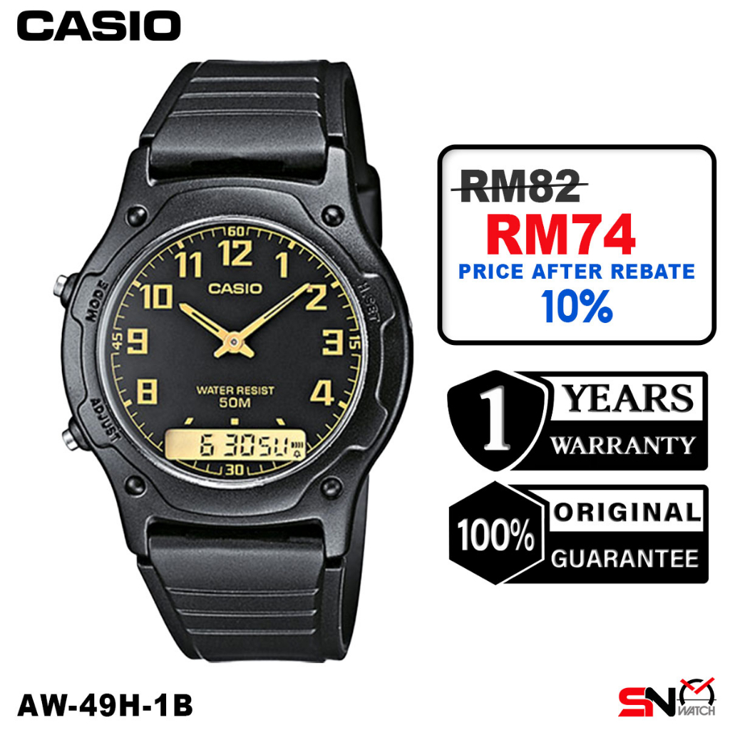 Casio AW-49H AW-49HE Analog Digital Black Resin Band Unisex Watch Jam ...