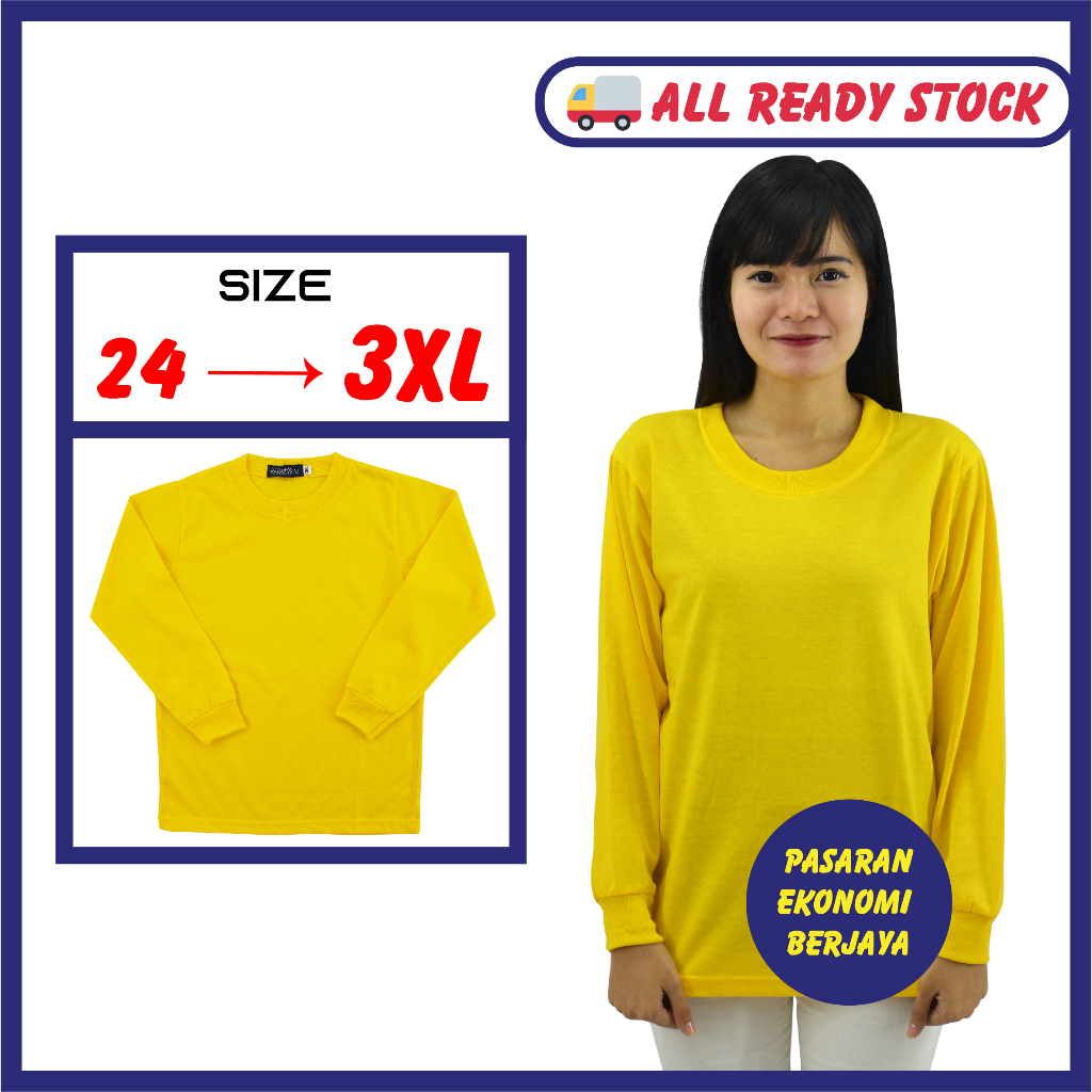 T-SHIRT SUKAN LENGAN PANJANG KUNING/ YELLOW COTTON T-SHIRT/ ROUND NECK/ PLAIN BASIC TEE/ TSHIRT KOSONG