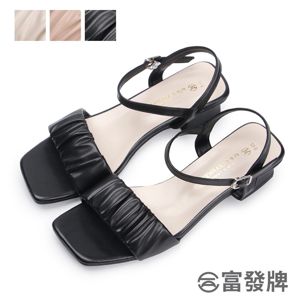 FUFA 1PE107 方頭抓皺低跟涼鞋 Women Square Toe Scratch Low Heel Sandals 100% Handmade In Taiwan Ready Stock