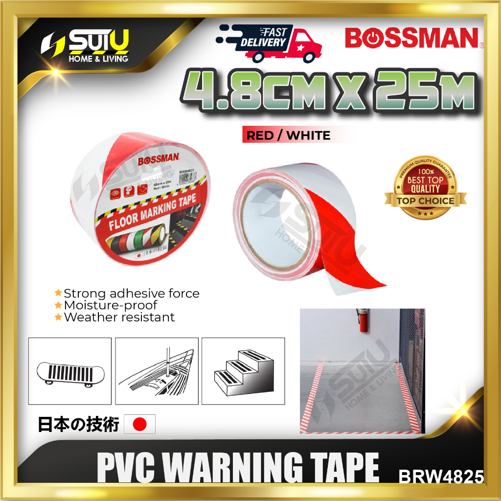 【SUI U HL】BOSSMAN BRW4825 5/10 Rolls 4.8CM x 25M PVC Warning Tape (Red/ White)