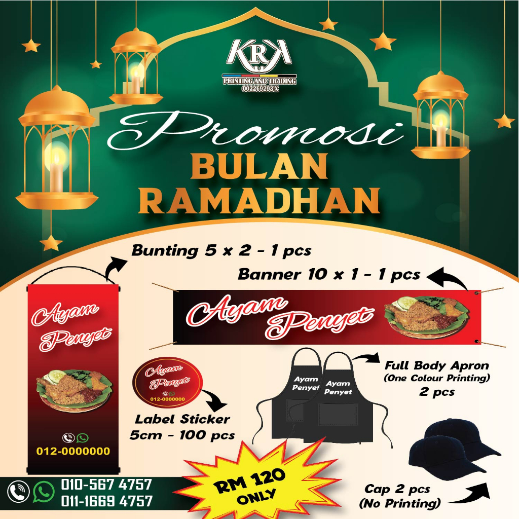 BEST SELLER [Bazar Ramadan Items, 5 dalam 1 set, Banner, Bunting, Lable Sticker, Cap dan Apron]