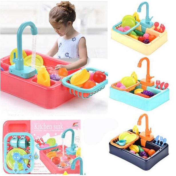 Mini Kitchen Dish Washing Sink Pretend Play Set Electric Circulation Toy Toy Simulated Dishwasher, Mainan Kanak Kanak