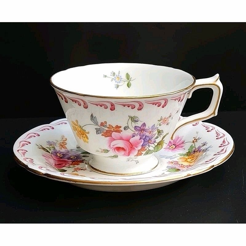 Royal Crown Derby Made in England (1952-1964) Derby Posies Pink Scrolls Surrey Shape Bone China Cup & Saucer