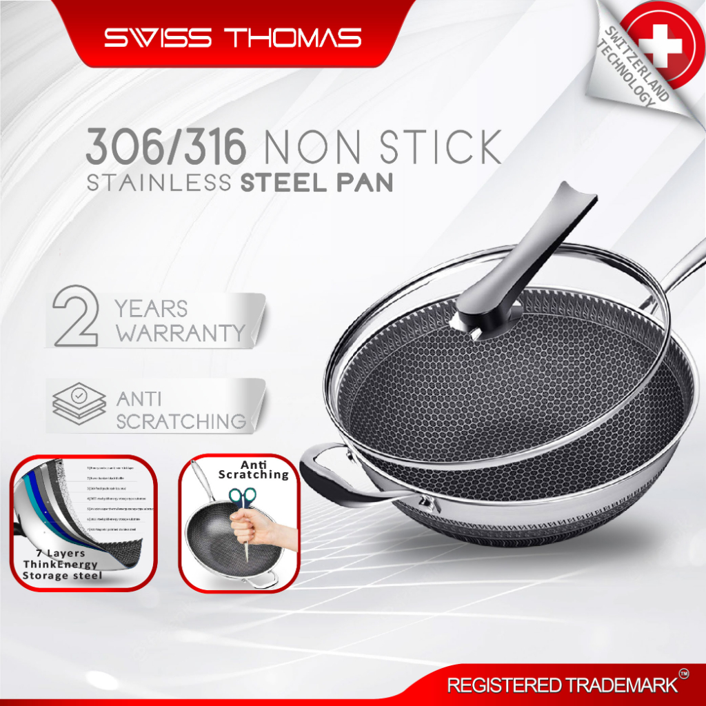 Swiss Thomas Nonstick Pan with Lid Wok 316 Stainless Steel Kuali