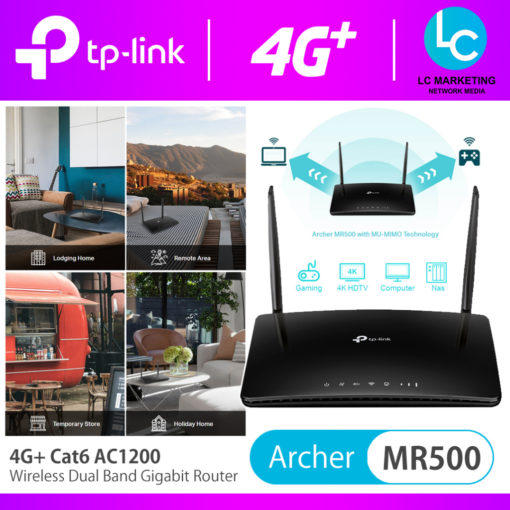 Tp-Link Archer MR500 4G+ Cat6 AC1200 Wireless Dual Band Gigabit Router  2.4Ghz + 5Ghz Plug n Play Full Gigabit Ports | PGMall