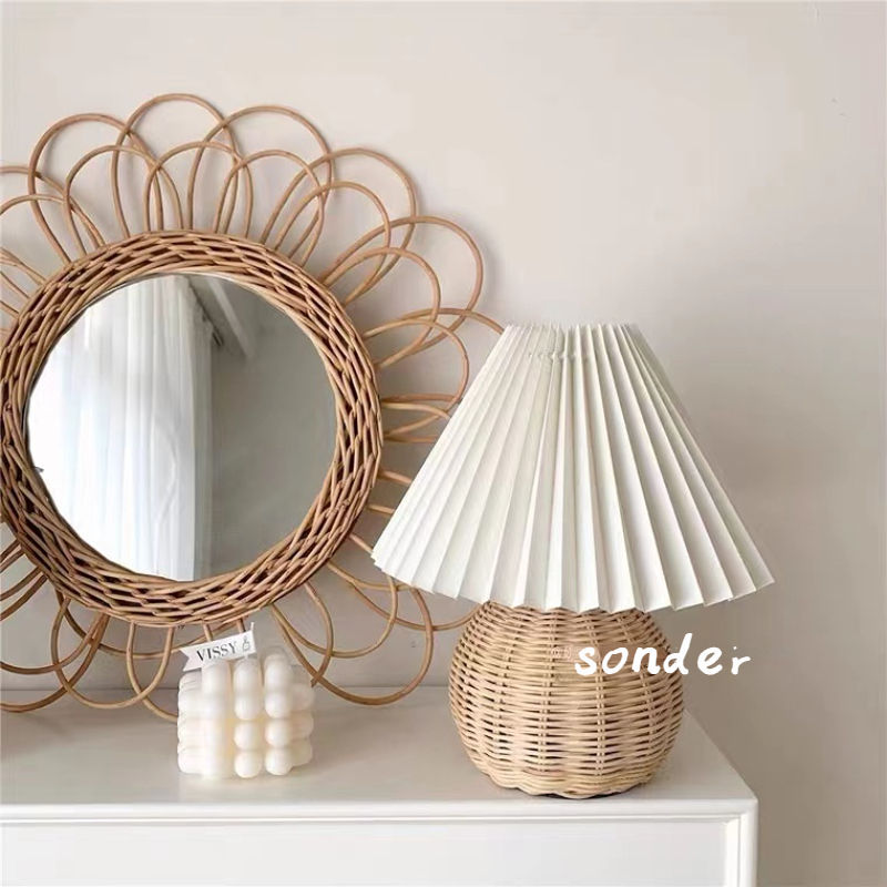 Ready Stock⚫SONDER⚫ Rattan Lamp Pleated Table Lamp Vintage Bedside Lamp Lampu Tidur Nightstand Lamp with Rattan Base Perfect for Bedroom Living Room College Dorm or Office - USB Powered, Warm White LED Bulb Included