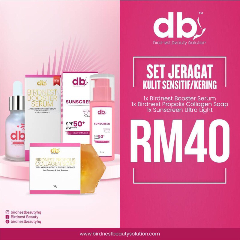 Set Combo Basic Birdnest Beauty BBS db Travel Kit 3in1 : Propolis Collagen Soap + Serum Sakura + Sunscreen Ultralight