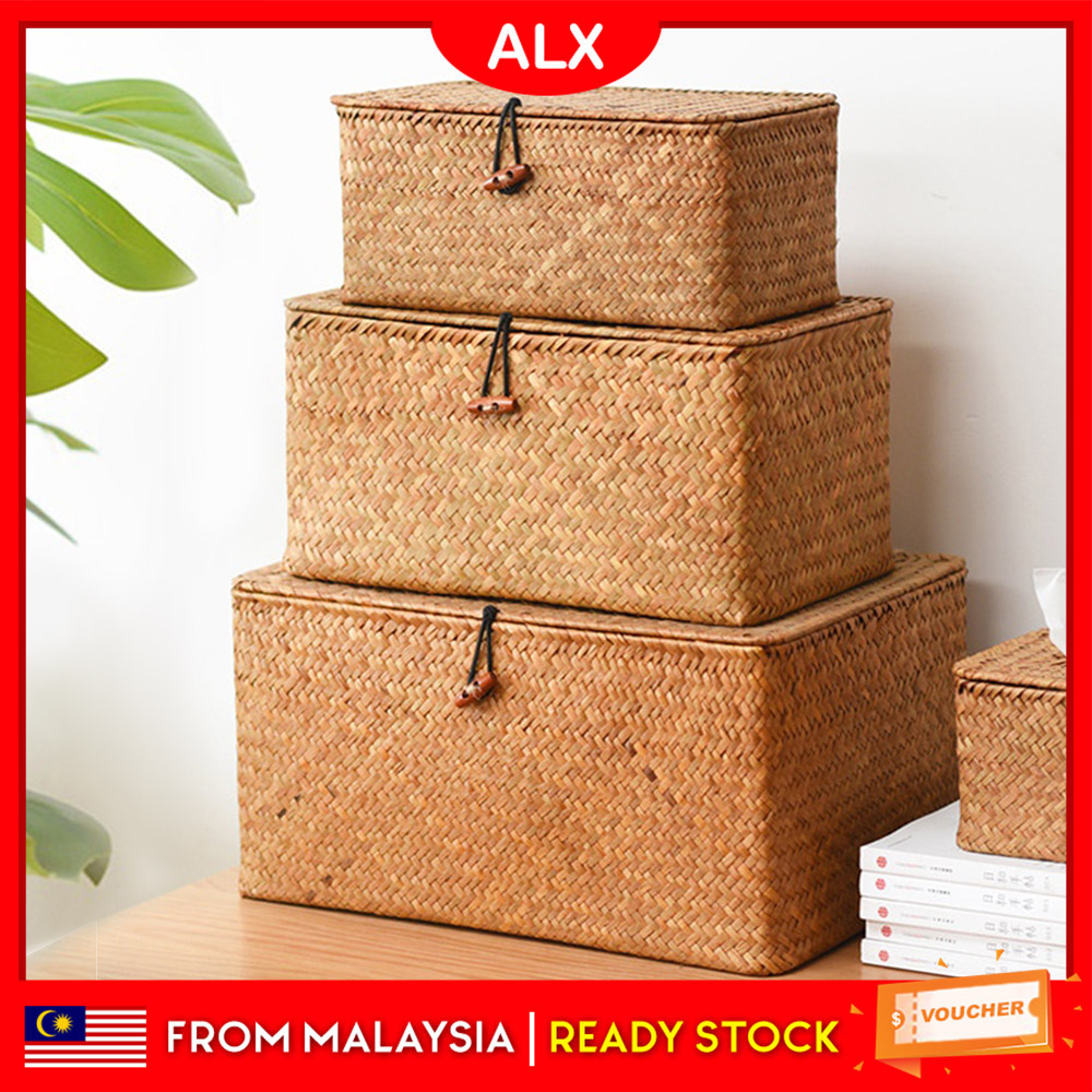ALX Home Organizer Handmade Seagrass Storage Rattan Basket Picnic Woven Storage Box Vintage Hamper Box Kotak Rotan 藤篮