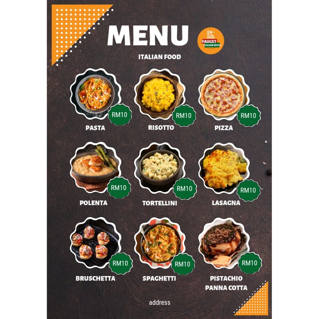 MENU LIST TEMPLATE [EDITABLE] Orange and White Creative Italian Food Menu Portrait