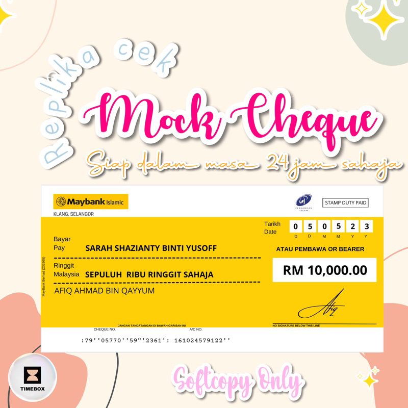 Mock Cheque / MockUp Cheque / Replika Cek SOFTCOPY SAHAJA (PDF & PNG