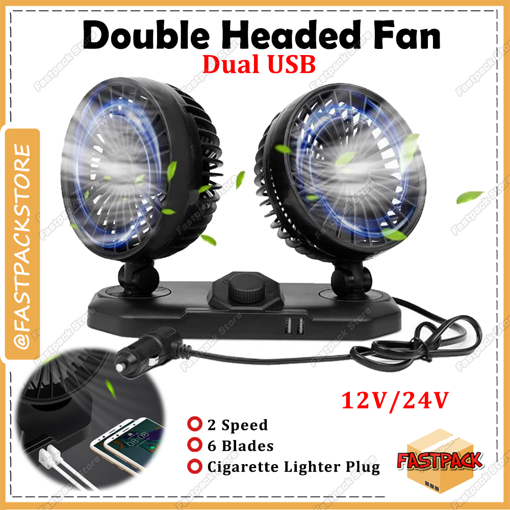 Car Dual USB Fan 13.5cm 12V 24V Double Headed Fan Twin Fan 6 Blades 2 Speed Car Fan Kipas Kereta Lori USB Charge Phone