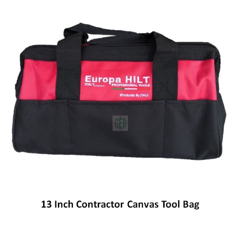 (Ready Stock) EUROPA HILT 13 x 8 x 8 INCH BLACK & RED CANVAS CONTRACTOR TOOL BAG