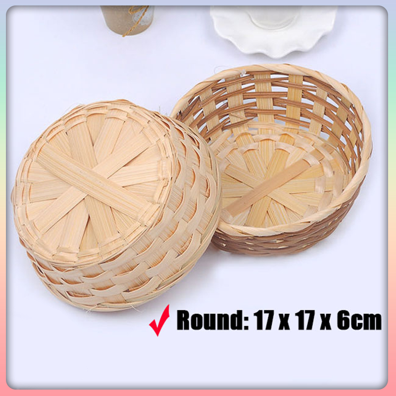 [Ready Stock] Handmade Round Bamboo Woven Weaving Basket Bread Basket Rattan Cane Snacks Container Basket Storage