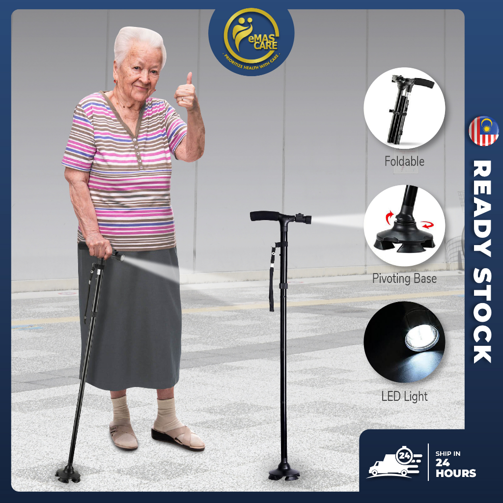 Walking Stick Foldable Adjust Height Tongkat Cane Pivot LED Trusty Crutch Cane Magic Tongkat Lipat Bantu Jalan (Black)