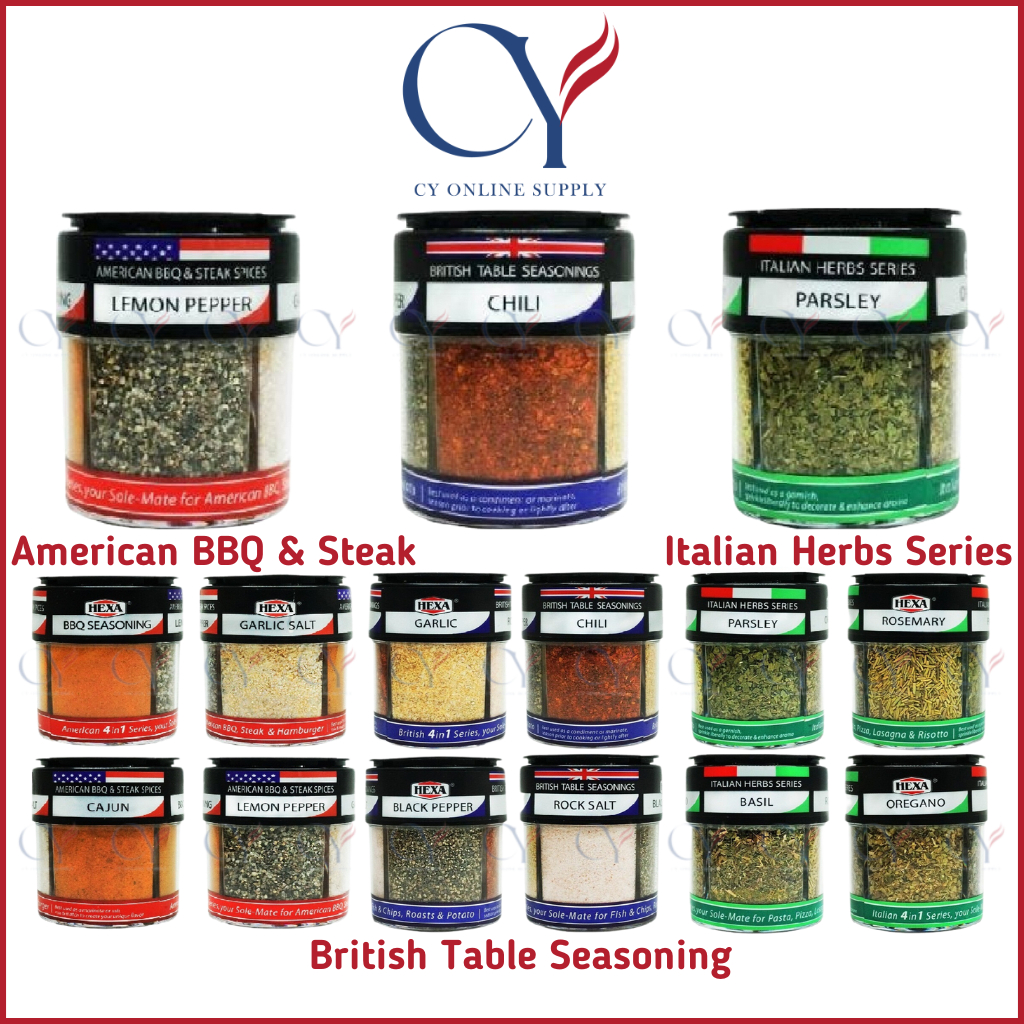 HEXA HALAL Spice 4 in 1 British Table Seasoning 85g l American BBQ & Steak Seasoning 85g l HEXA Italian Herbs Series 24g