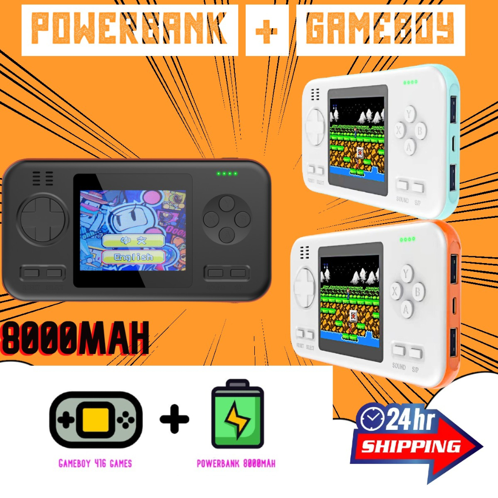 Powerbank 8000mAh + Gameboy 416 Games Console Mario Retro Gameboy Classic Mini Portable Power Bank Angry Bird Brick PVP