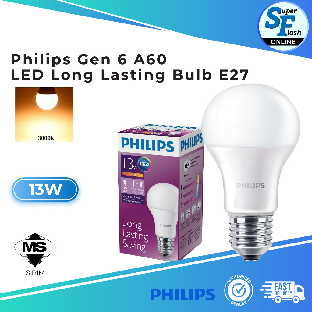 Philips 13W/100W LED Long Lasting Bulb E27 (Warm White 3000K) - Light ...