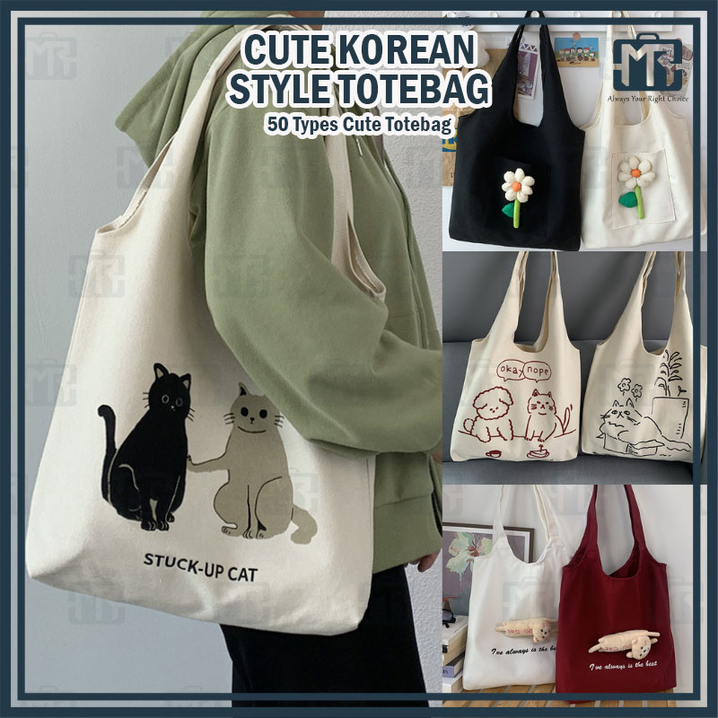 MR Canvas Tote Bag Students Shoulder Bag ToteBag Cartoon Cat Print HandBag Korean Style Shopping Bag Tuition Bag 猫帆布大手提袋