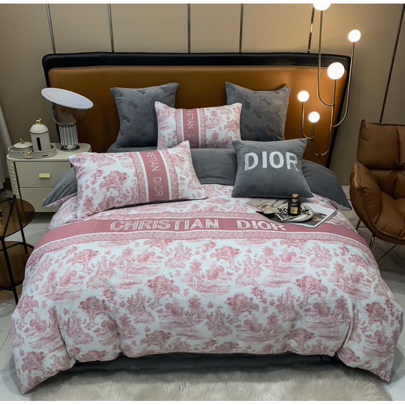 Cadar Pinky Christian Dior Milk Velvet Material Queen Size King Size Bedding Set 4 Pieces Quilt Cover Set