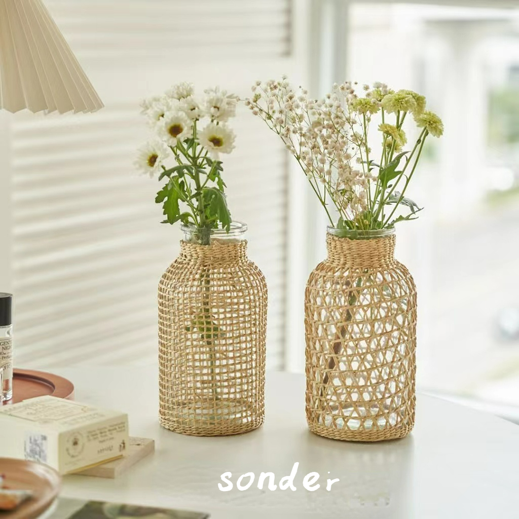 Ready Stock⚫SONDER⚫Boho Glass Pasu Flower Vase with Rattan Cover Flower Pot Handmade Rattan Flower Vase for Home Decoration Glass Vase Living Room Bathroom