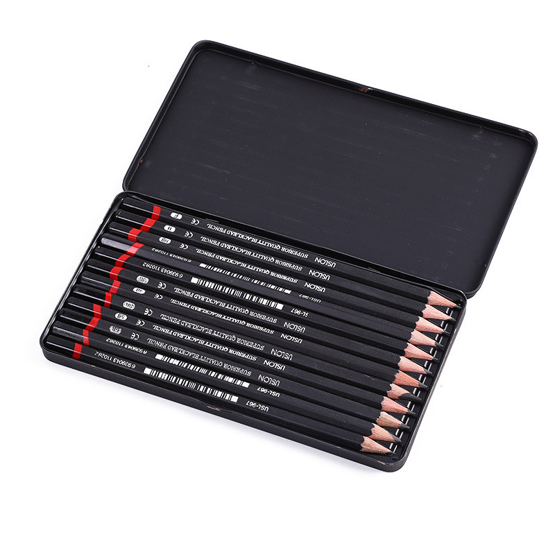 12 PCS/set Wooden Lead Pencils Set 2H-8B Metal box Professional drawing ...