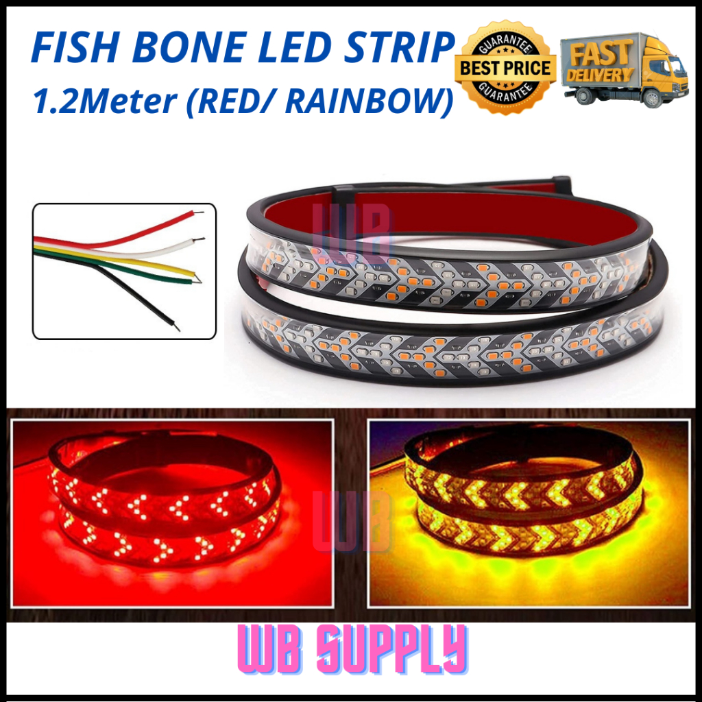 120CM UNIVERSAL CAR FISH BONE LED STRIP PICKUP ARROW RED YELLOW RAINBOW