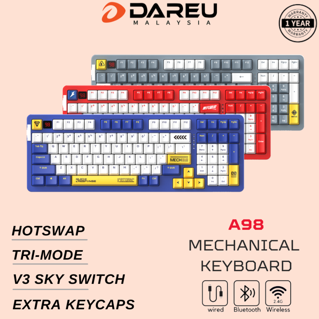 Dareu Hotswap Gaming 98 Keys Mechanical Keyboard A98 TriMode Wireless Bluetooth Wired Keyboard
