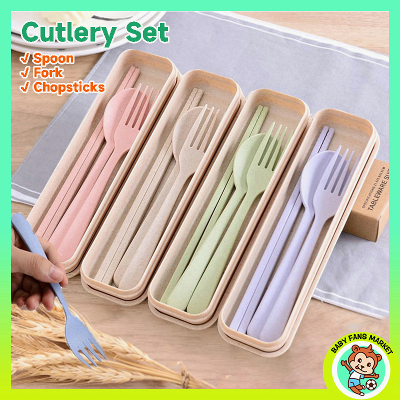 3 In 1 Wheat Straw Cutlery Set Spoon Fork Chopstick For Weeding Party Door Gift Cultery Set Tableware Dinnerware Kenduri