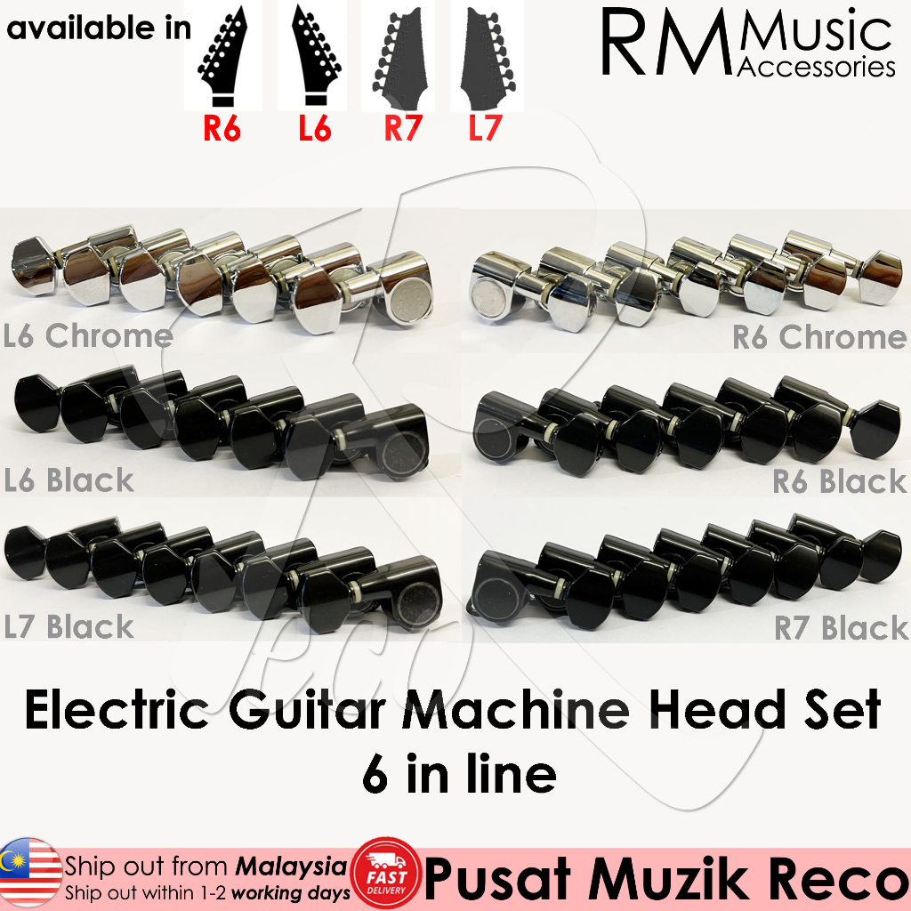 RM High Quality Electric Guitar Machine Head SET Tuning Pegs Tuner 6 in Line Black Chrome R6 L6