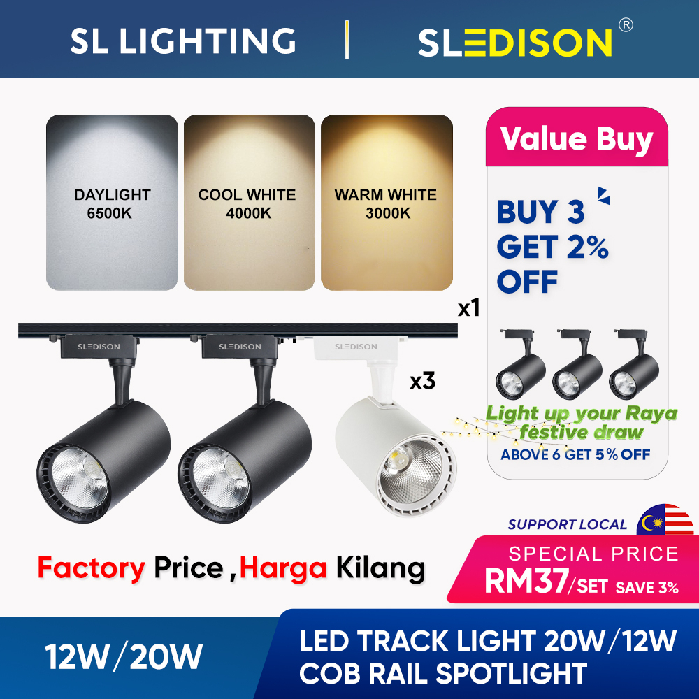 SL EDISON 12W/20W LED Track Light Complete Set COB Spotlight Adjustable Rail Light Ceiling Light