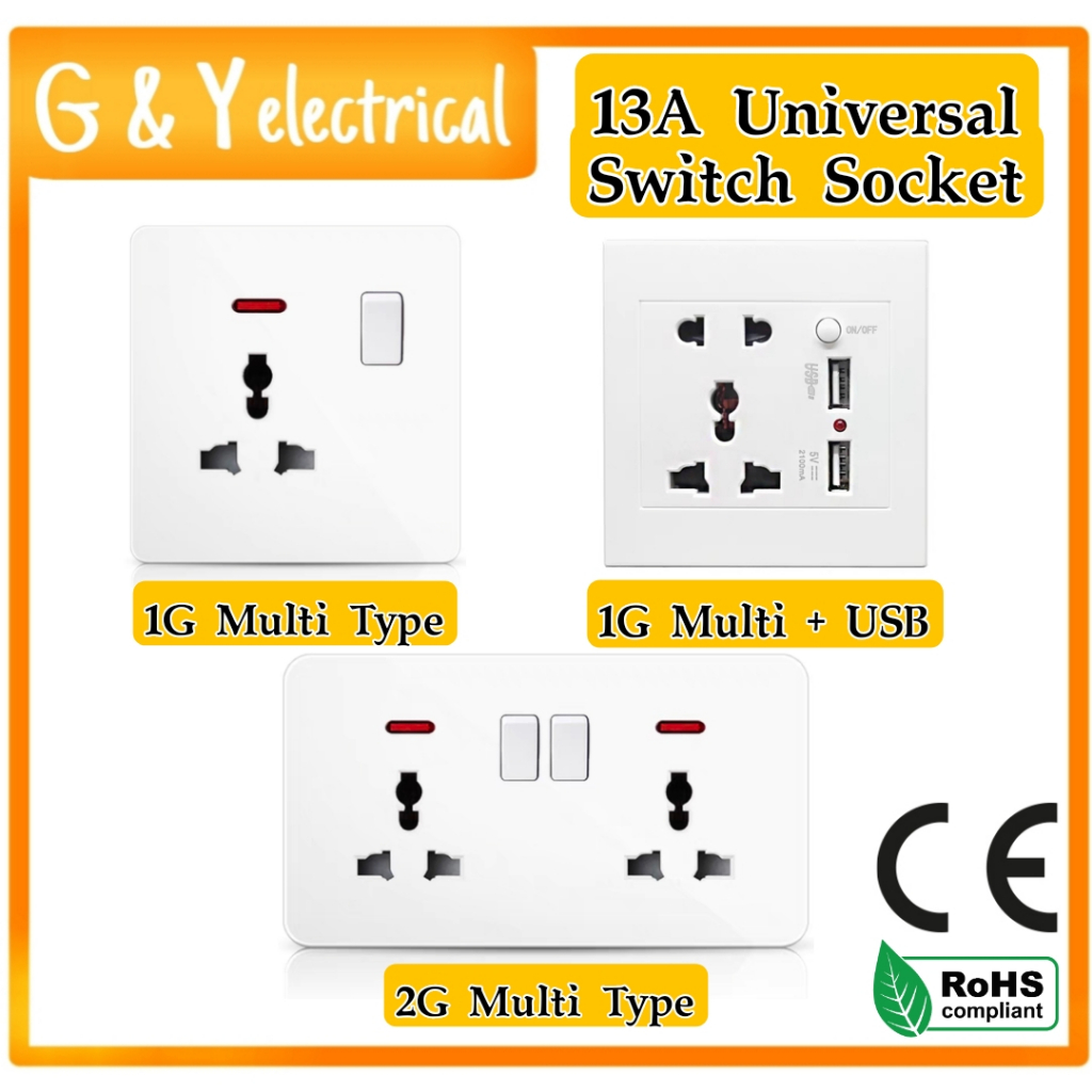 13A 3pin Universal Switch Socket with Dual USB port White 1Gang 2Gang