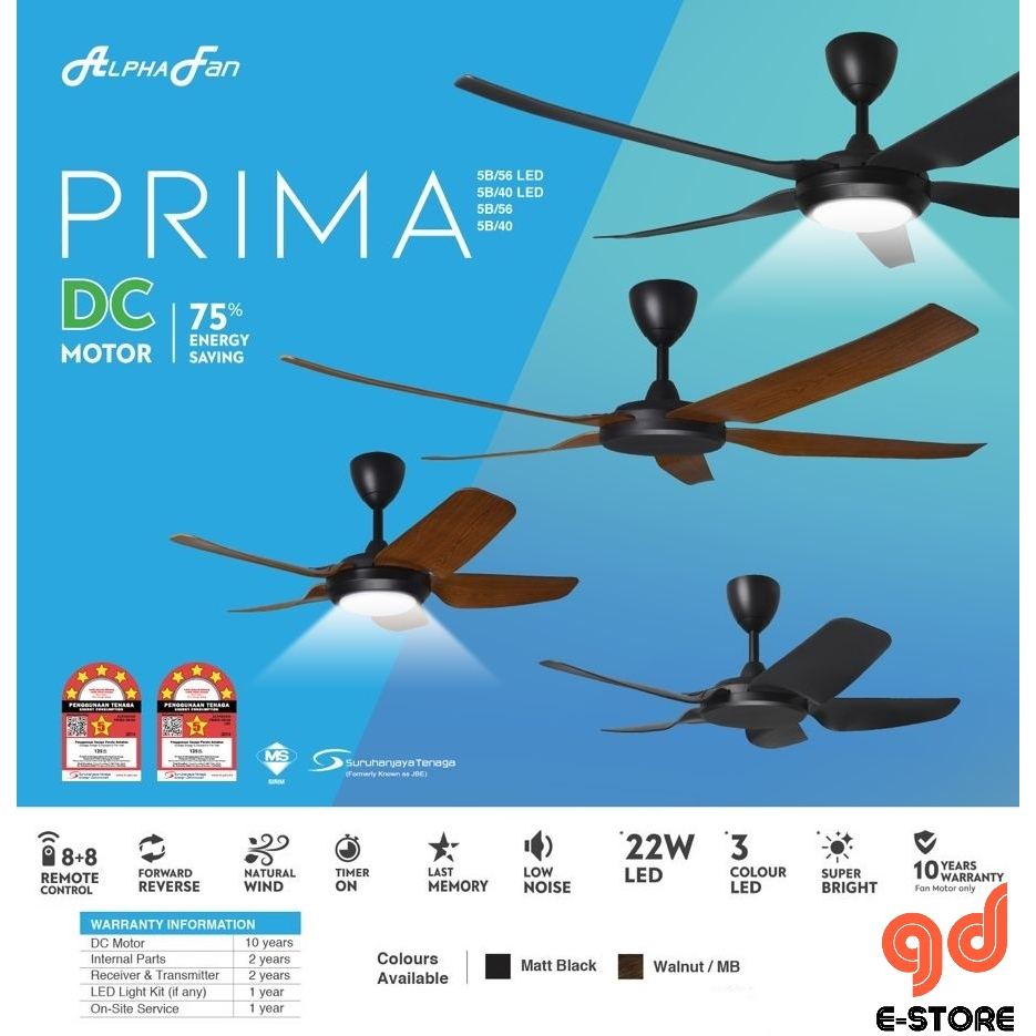Alpha Prima DC Motor 5 Blades 8 Speeds 3 Colour LED With Remote Control