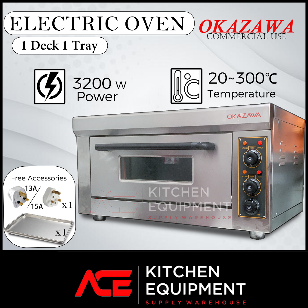 Okazawa Electric Oven 1 Deck 1 Tray Commercial Use 3200W 20-300℃ Tray Size 60x40cm Single Phase Electric Oven EVL11T