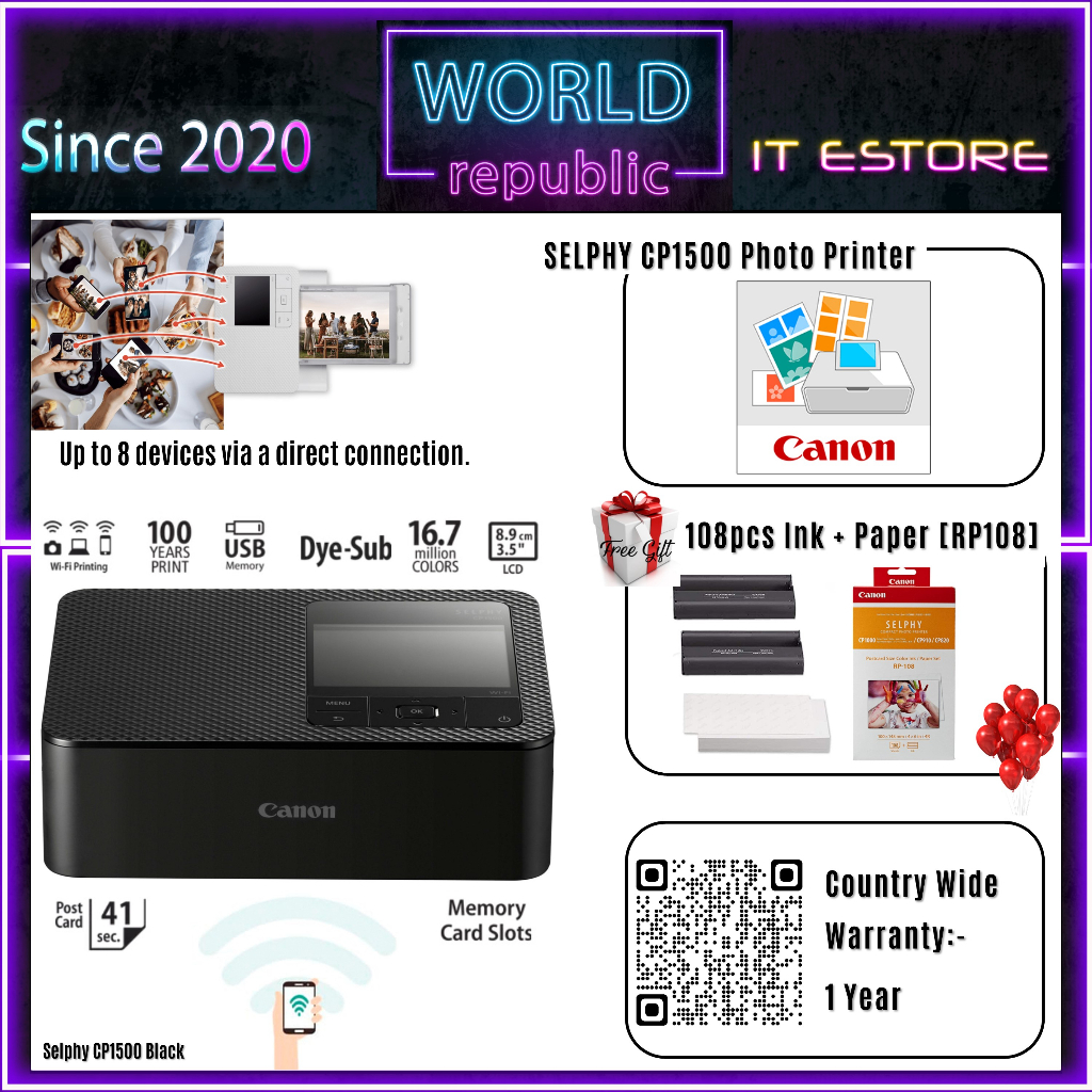 Canon CP1500 Selphy Wireless Printer Black Colour RP108 Option