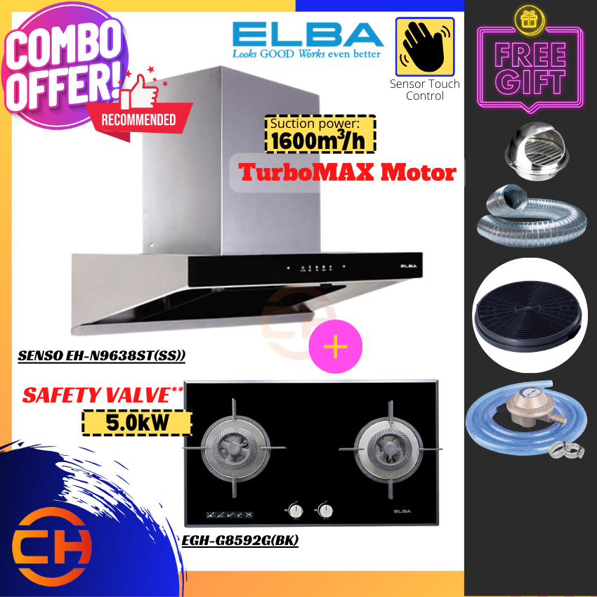 Elba Designer Hood SENSO EH-N9638ST(SS) With Cooker Hob Gas Cooker Dapur