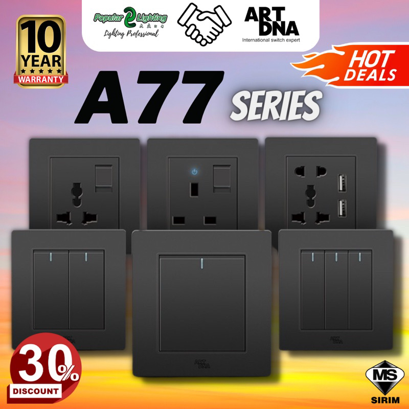 [SIRIM] Art Dna A77 Series Socket and Wall Switch Slim Modern Switch Design 13A 15A 20A 45A Door Bell Astro [Black]