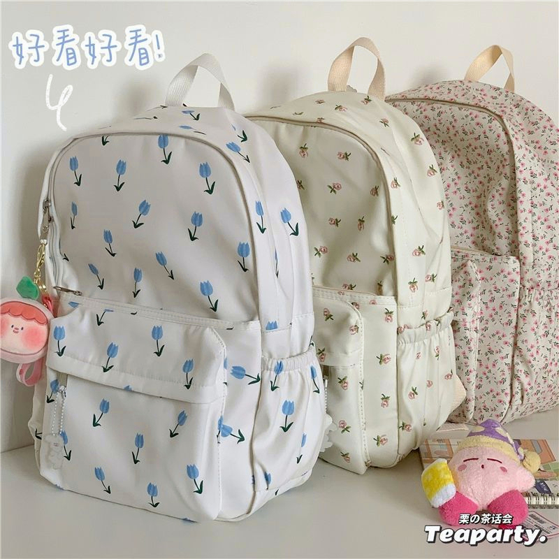 Cute Backpack Girls School Backpack Floral Canvas School Bag Blue BeigeKorean BM Sports Tulips Travel Bag Female Bookbag