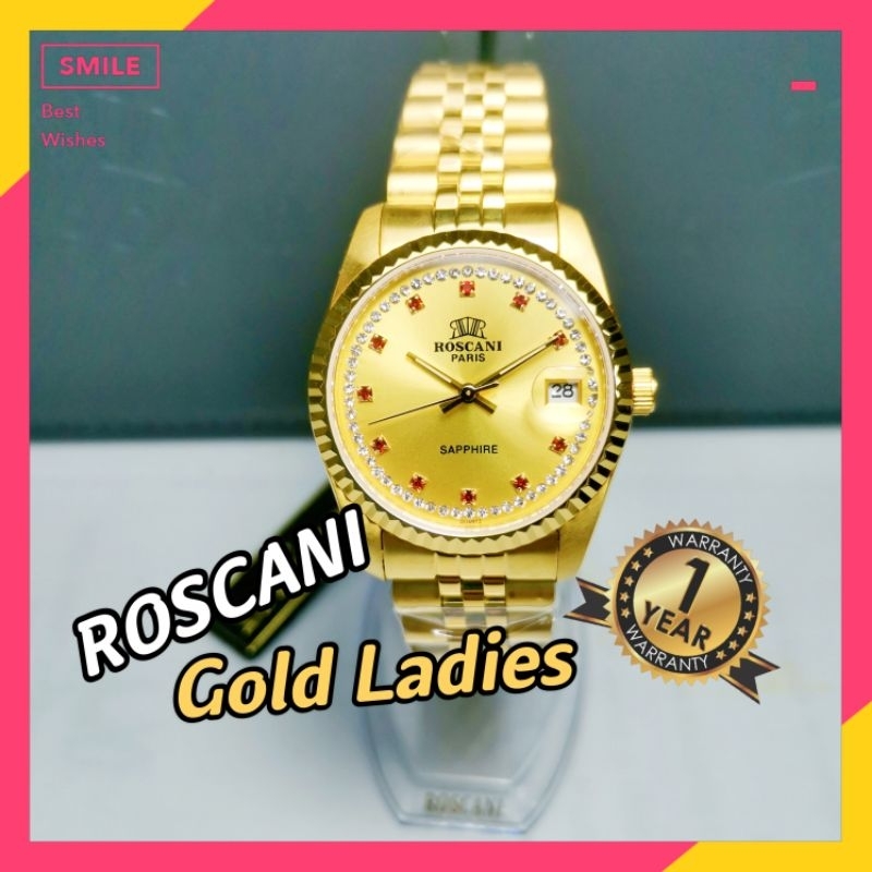 Jam Roscani Ladies Women Gold Watch Sapphire Stainless Steel Shopee Malaysia