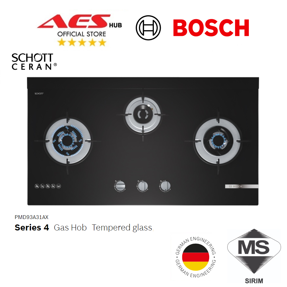 Bosch Series 4 92cm Black Schott Ceran Gas Hob Tempered Glass 3 Burner