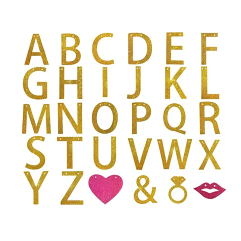 Glitter Gold Alphabet A-Z Custom Banner Ring Red Love Kiss Lips 自定义金色闪粉英文拉旗 红色爱心嘴唇配饰 金色戒指订婚拉旗 Wedding Bunting Decoration