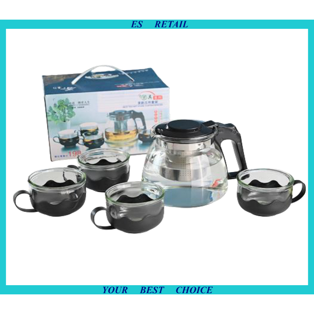 Teapot set Glass tea pot & 4 cups 5 pcs tea pot set Tea pot with strainer Teko kaca dengan penapis 5件套带滤网玻璃茶壶与玻璃杯