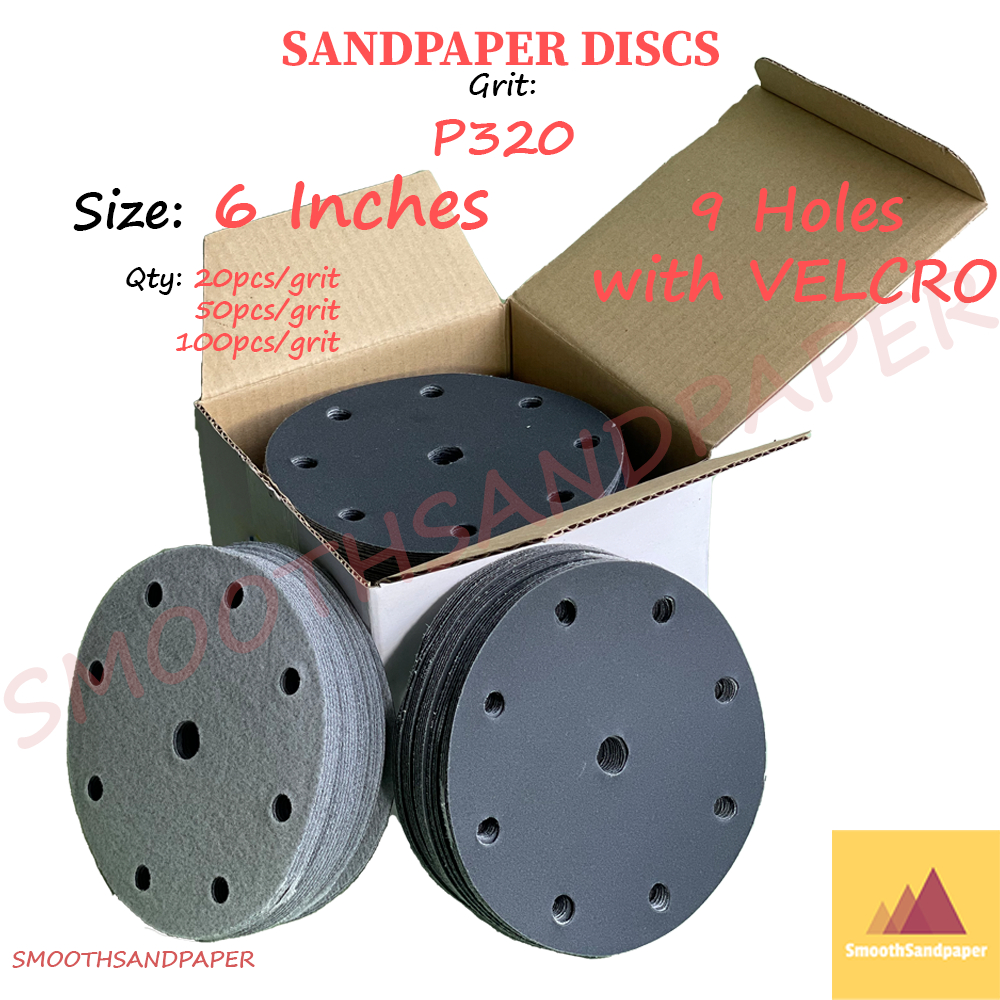 6Inches (9Holes+Velcro) Grit320 Sandpaper Discs Silicon Carbide 6Inci Kertas Pasir Cakera 6寸9孔植绒砂纸圆盘