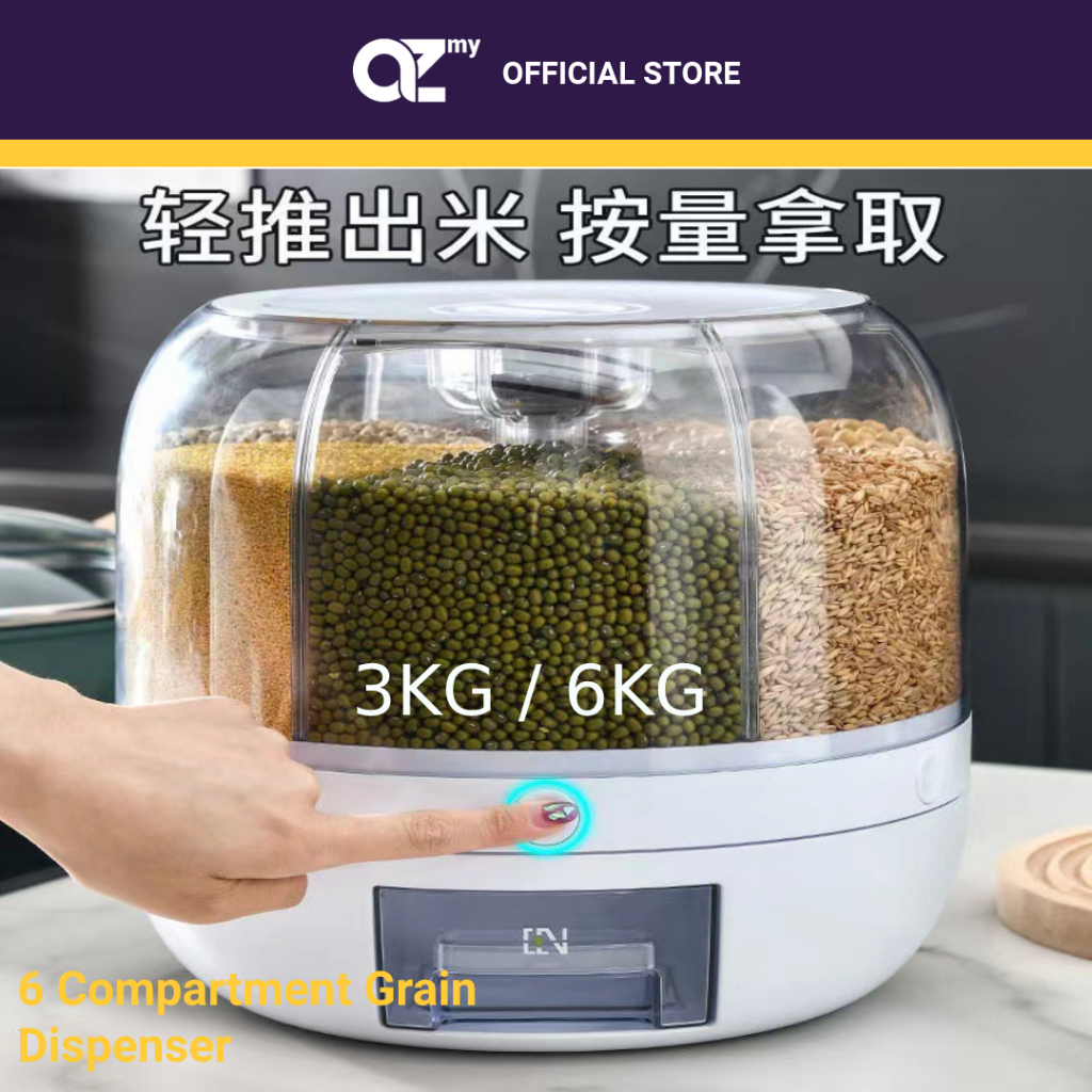 GOMINIMO Airtight Moisture Proof/Insect Proof Grain Rice Storage Box, 6 Compartment 3/6/9/10KG Rice Cereal Dispenser