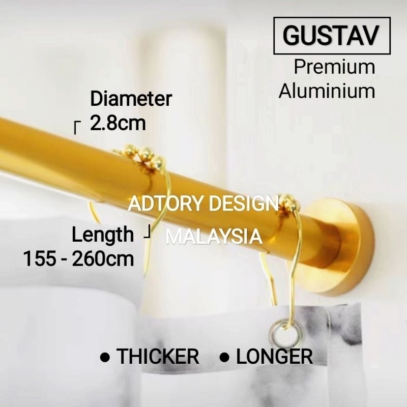 ADTORY Premium Yellow Gold Gustav shower curtain rod langsir batang