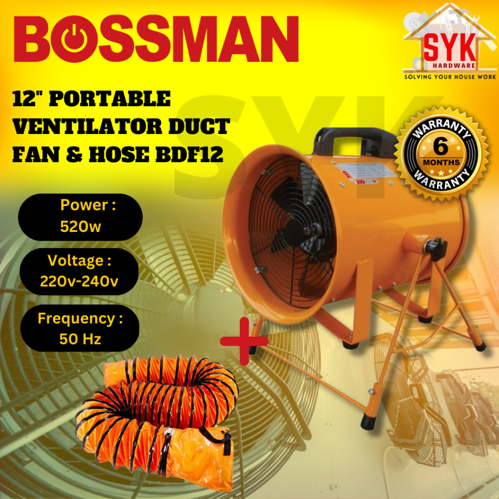 SYK Bossman BDF12 12 Inch Portable Ventilator Fan Flexible Hose Air Ventilator Industrial Fan Kipas pengudaraan