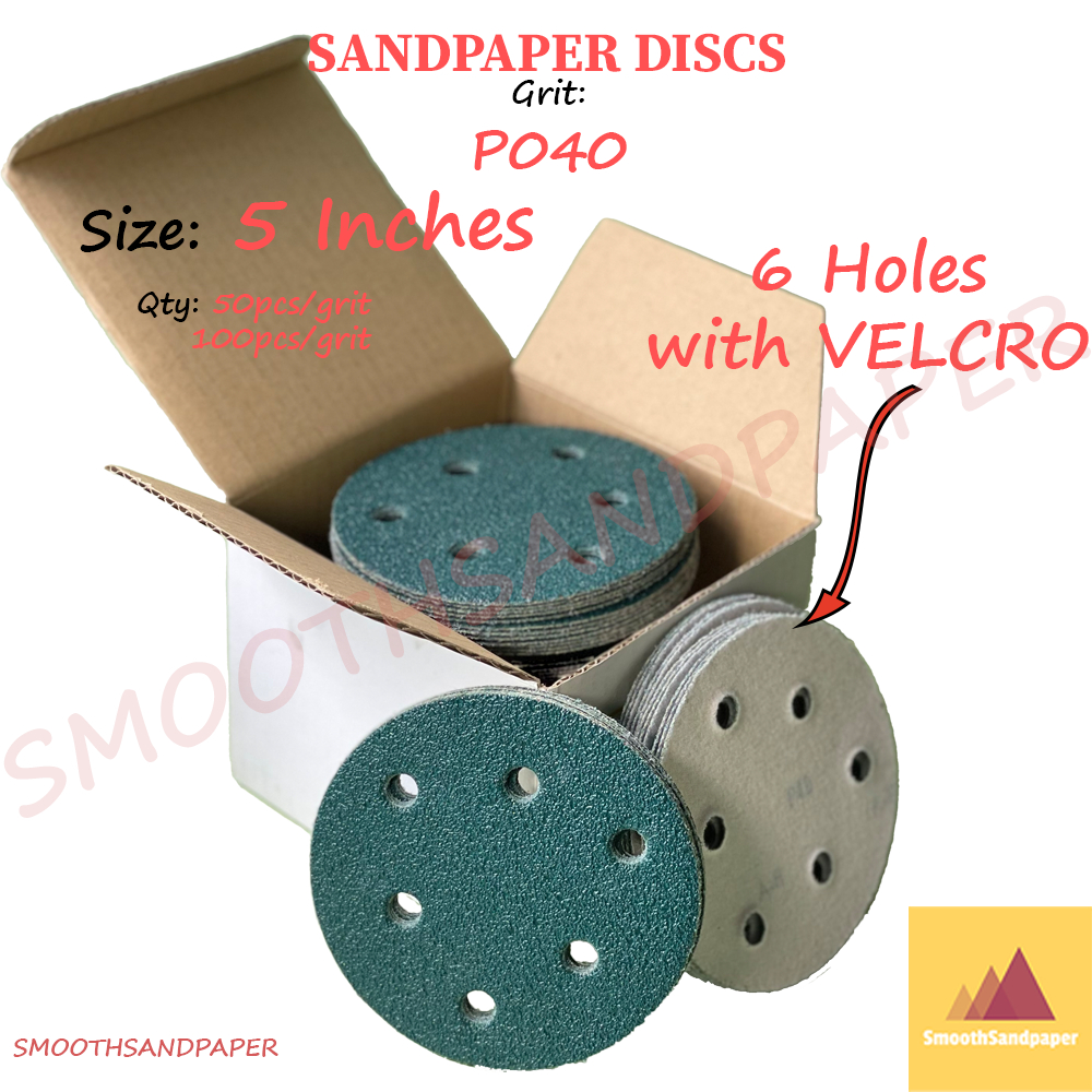 5Inches (6Holes+Velcro) Grit40 Sandpaper Discs Aluminium Oxide 5Inci Kertas Pasir Cakera 5寸6孔植绒砂纸圆盘