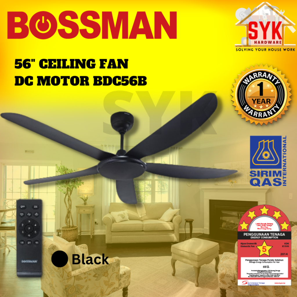 SYK Bossman BDC56B 56 Inch Ceiling Fan Black DC Motor 5 Blade Ceiling